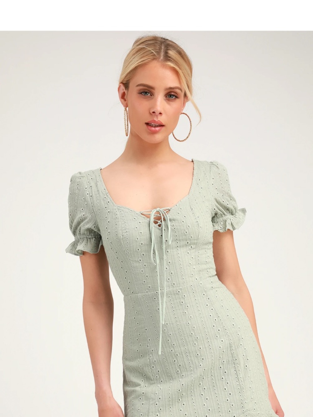 Lulu's Sage Eyelet Tie-Front Puff Sleeve Mini Dress
